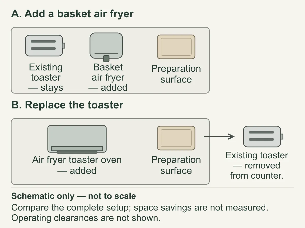 Two counter diagrams: an existing toaster remains beside an added basket air fryer, or the toaster leaves and an air fryer toaster oven takes its place. Both show preparation surface.