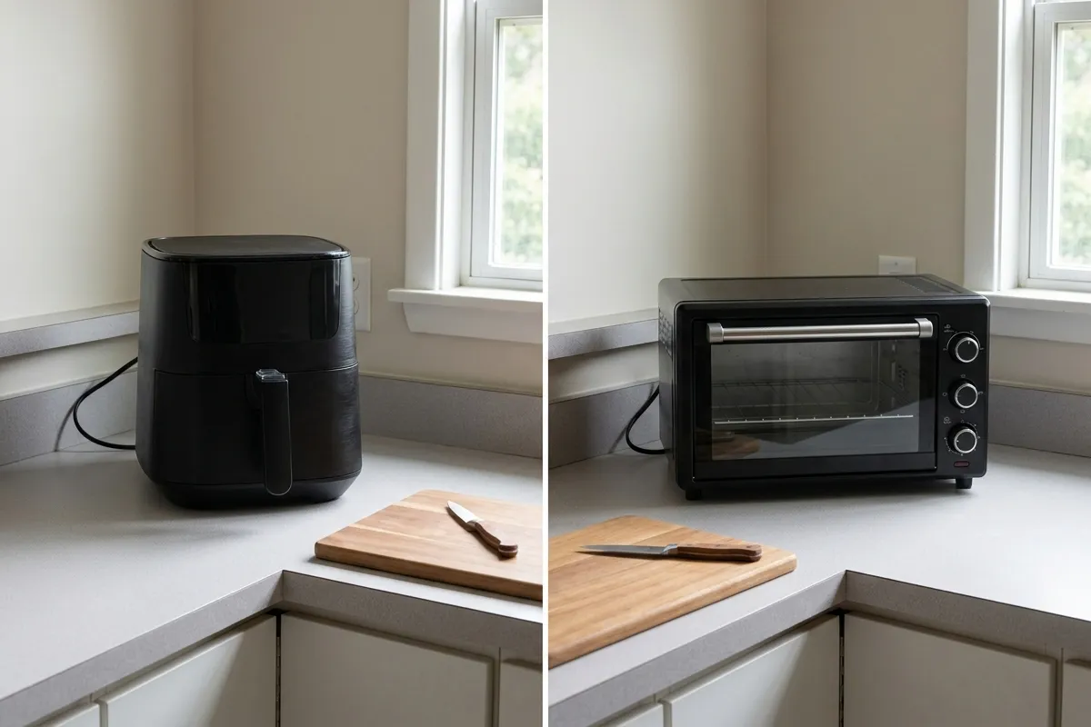 Separate small-kitchen counter scenes showing a basket air fryer and an air fryer toaster oven, each beside a clear preparation surface.