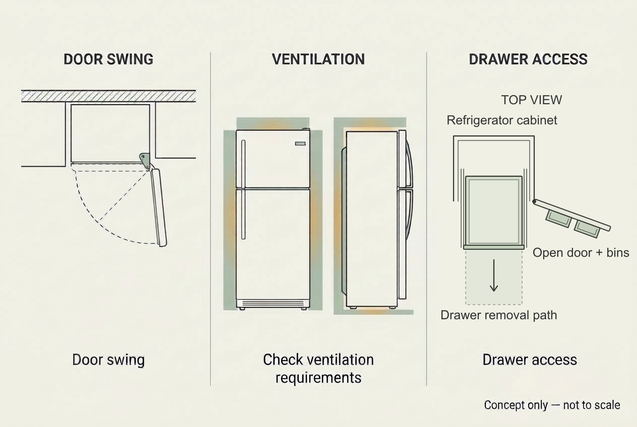 Conceptual diagram of refrigerator door swing, ventilation checks, and a drawer removal path clear of the open door and bins.