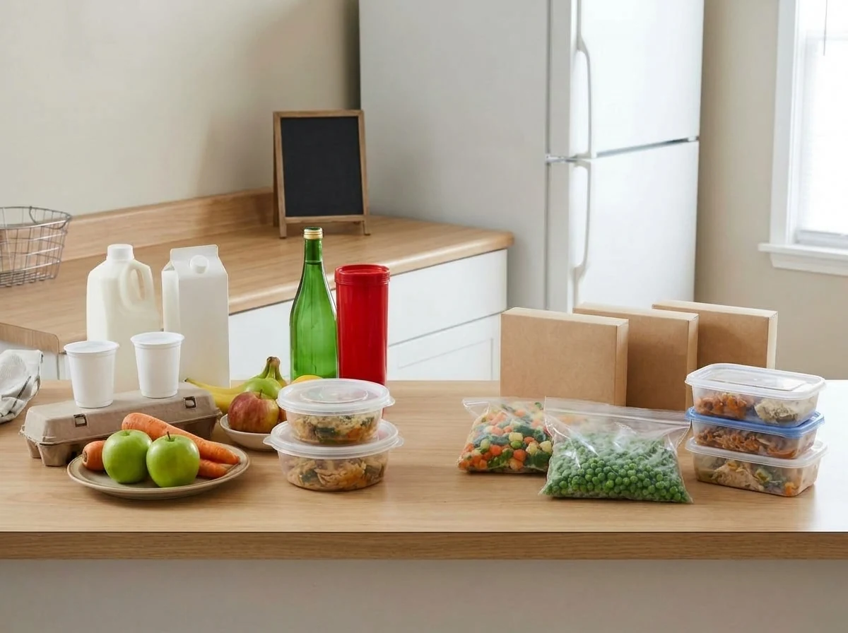 Milk, eggs, produce, and leftover containers on the left, with bagged frozen vegetables and meal containers on the right.