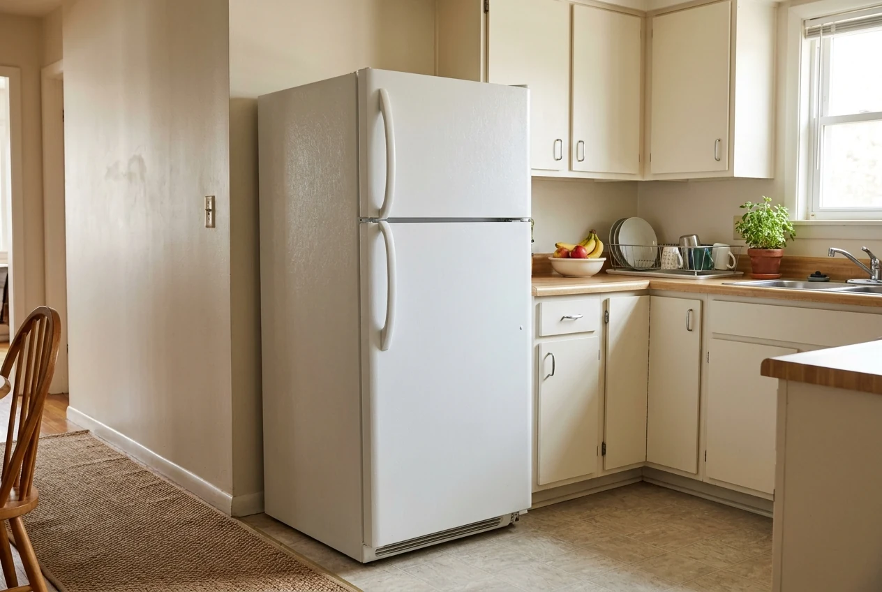 A white top-freezer refrigerator beside cream cabinets and a wood-look countertop in a small kitchen.
