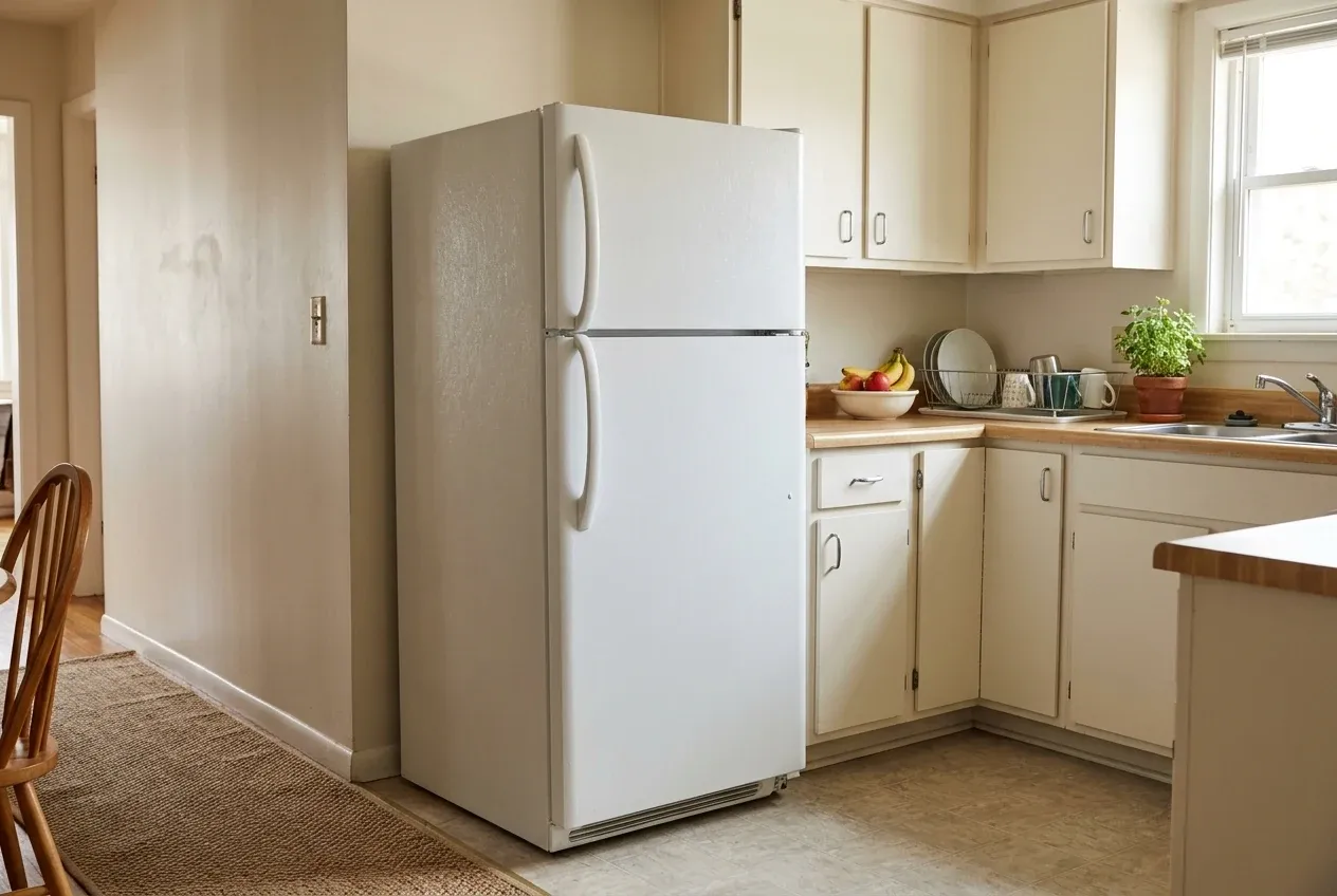 A white top-freezer refrigerator beside cream cabinets and a wood-look countertop in a small kitchen.