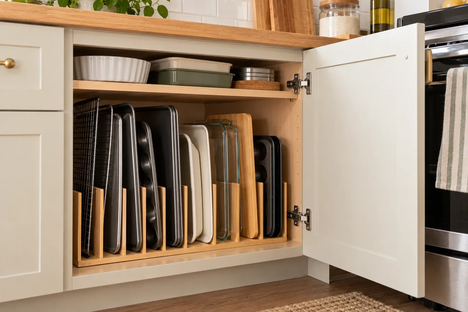 Baking trays in a plain cabinet held upright by a simple unbranded divider