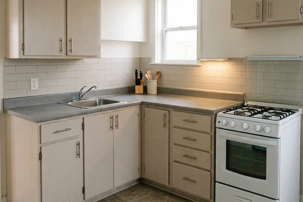 A modest small kitchen with paneled cabinets and a clear worktop