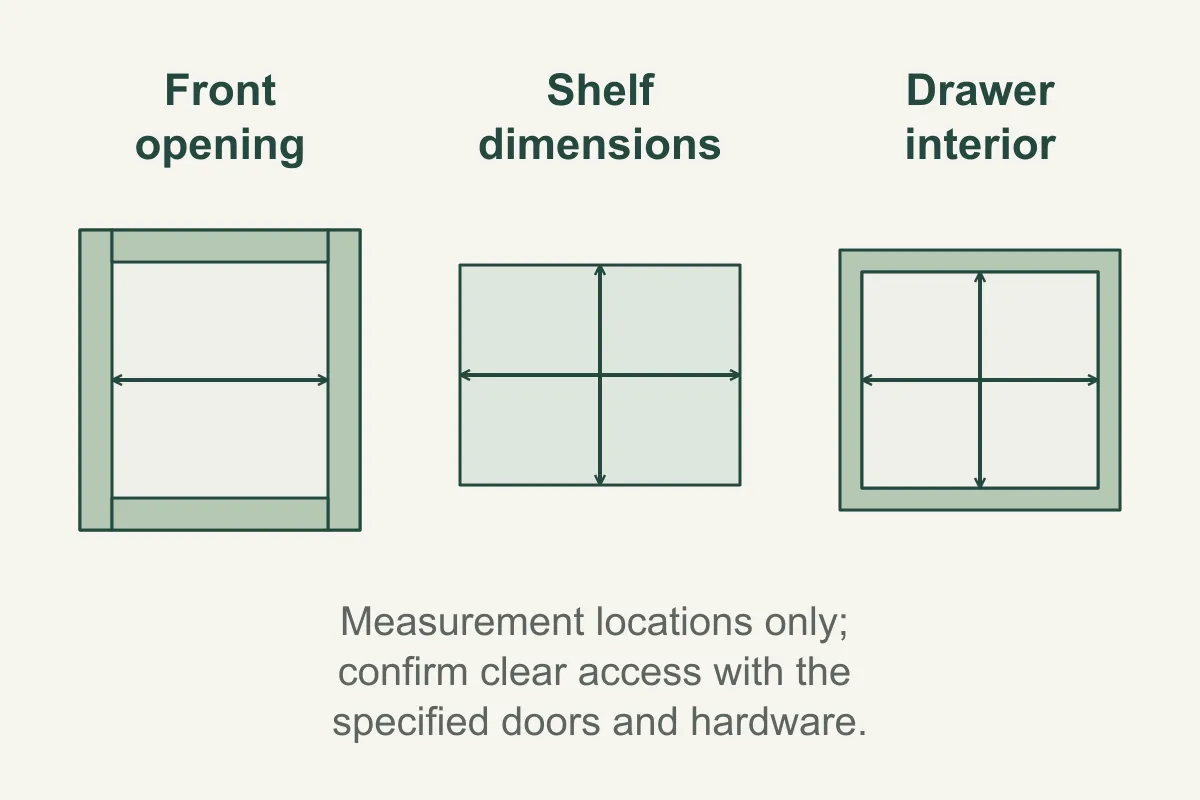 Separate sketches identify the front opening width, shelf width and depth, and drawer interior width and depth.