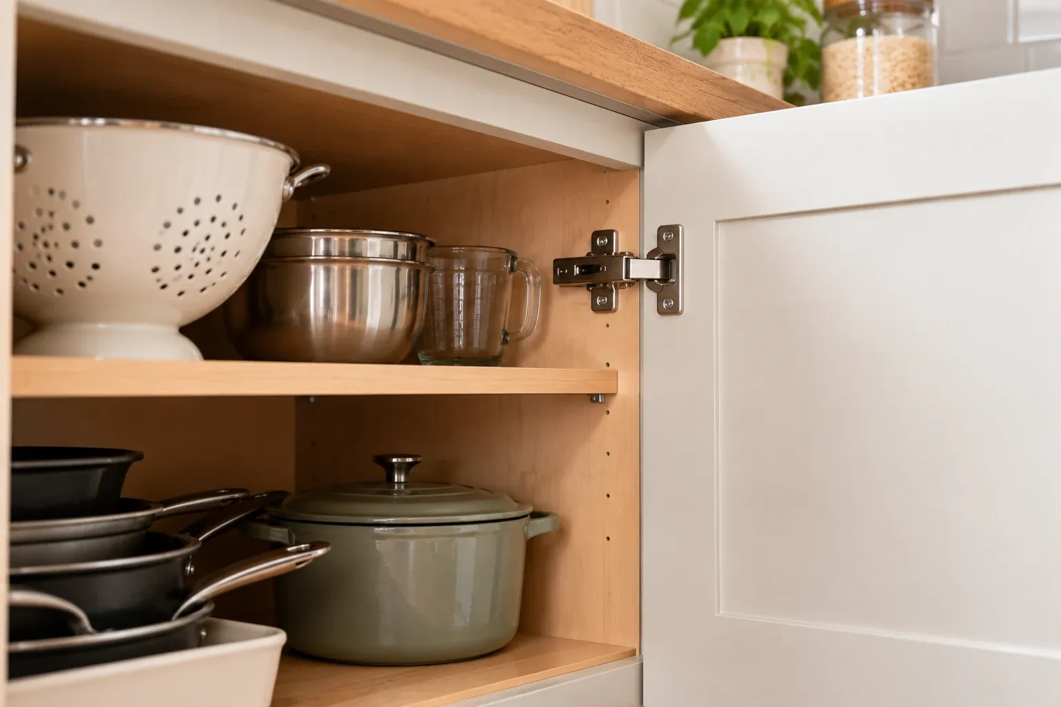 Open small-kitchen base cabinet showing its door, hinges, shelf, and reachable cookware