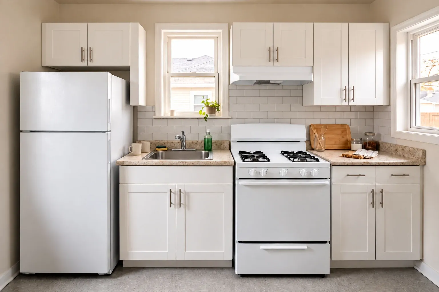 A compact kitchen with a refrigerator and cooking appliance beside ordinary work zones
