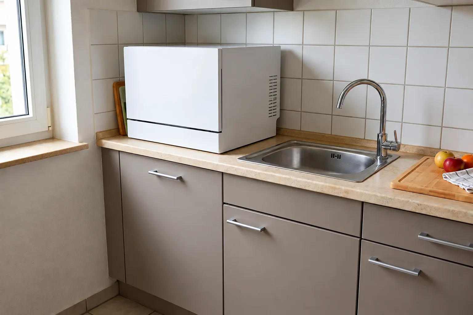 Generic compact dishwasher occupying part of a small kitchen worktop beside a sink