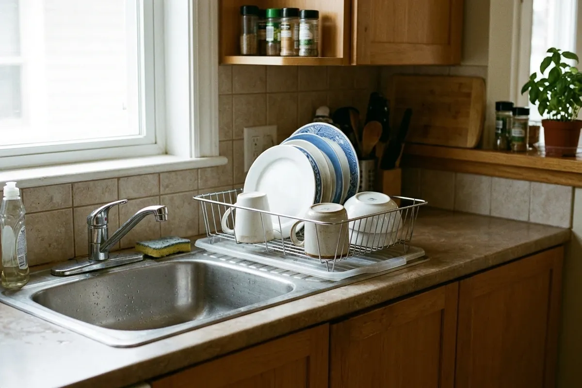 A dish rack with plates, mugs, and a bowl beside a small kitchen sink, leaving a clear section of counter nearby.