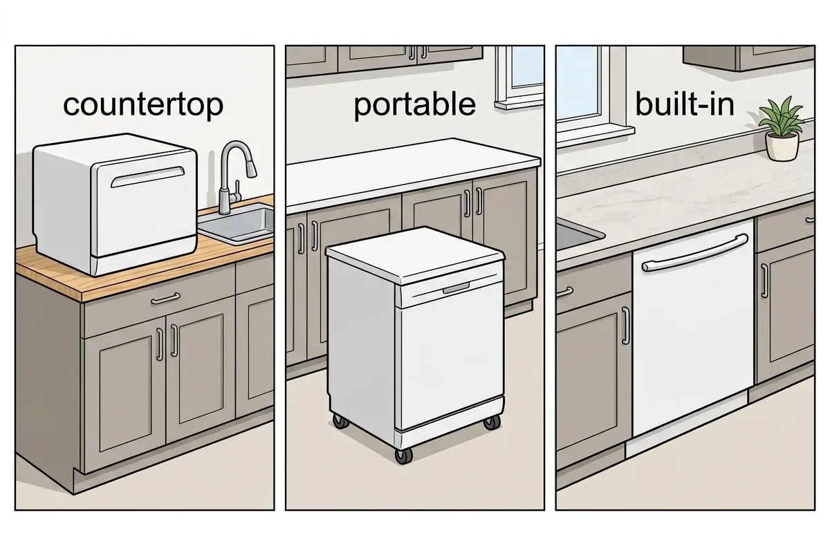 Three illustrated compact-kitchen scenes showing countertop, portable, and built-in dishwasher formats