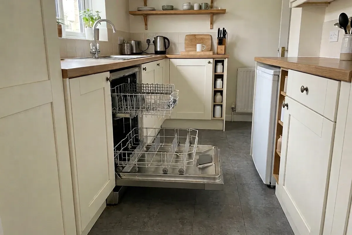 An open dishwasher in a compact kitchen with the loading space visible