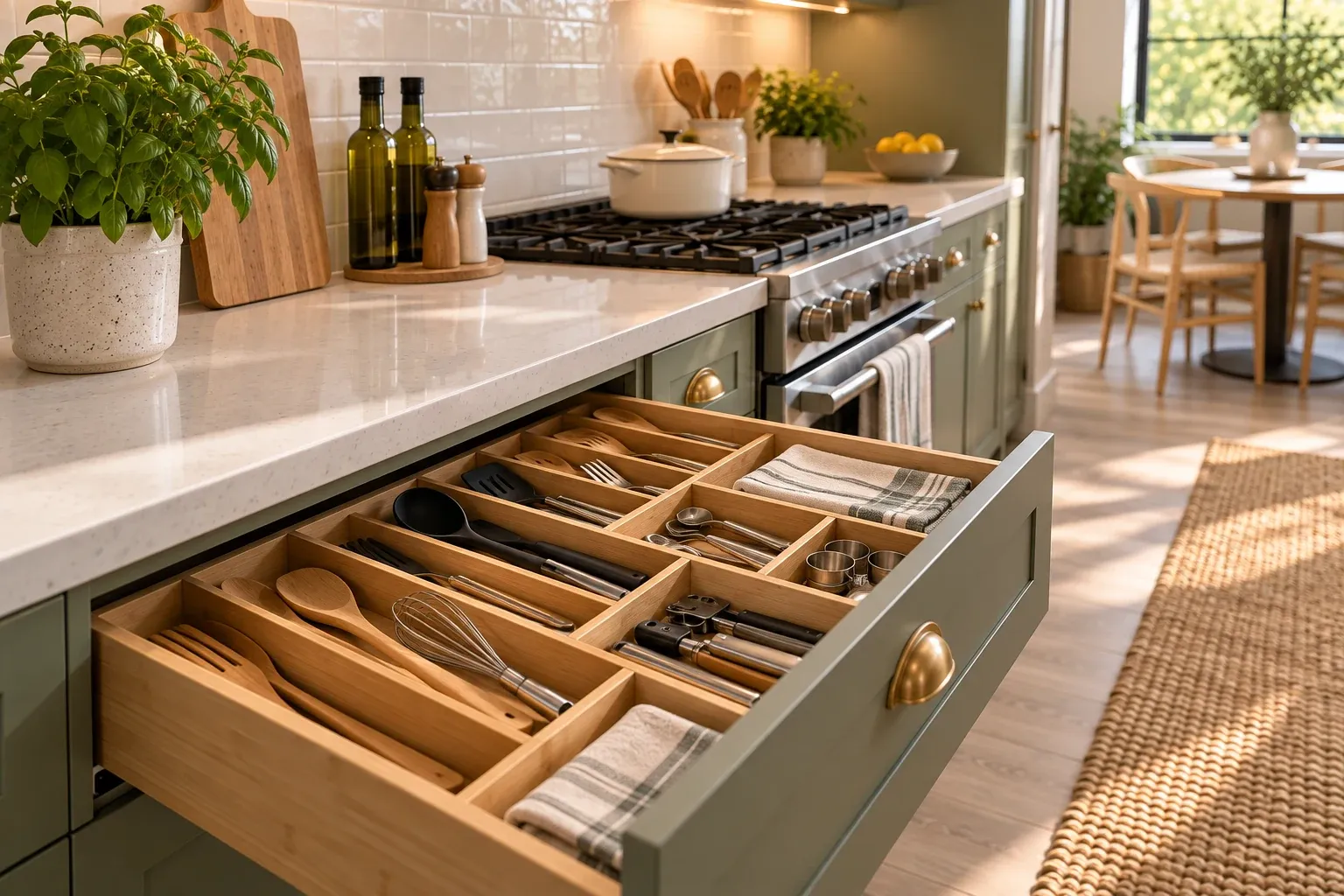 A small kitchen drawer with ordinary utensils in simple compartments
