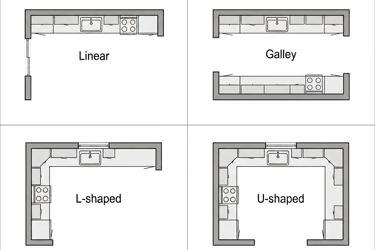 Four top-down compact-kitchen plans showing linear, galley, L-shaped, and U-shaped cabinet arrangements