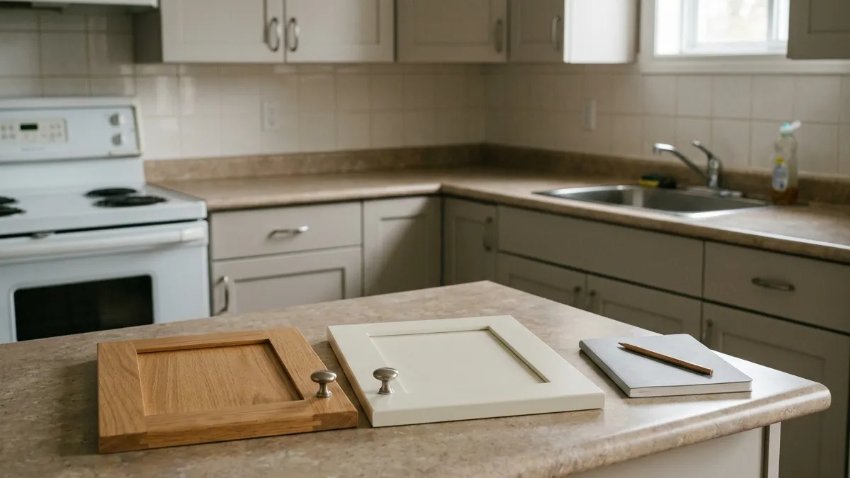 Cabinet-door samples and a notebook on the counter of a small kitchen.