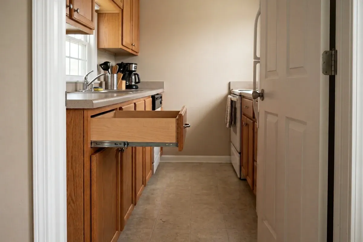 A narrow kitchen aisle with an open drawer extending into the walking space