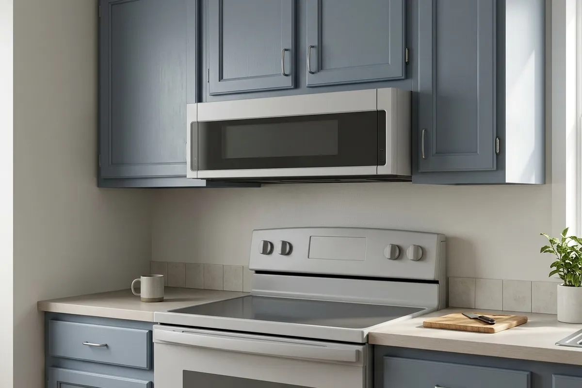 Low-profile microwave above a range in a small kitchen, viewed from an angle showing its projection beyond the upper cabinets.