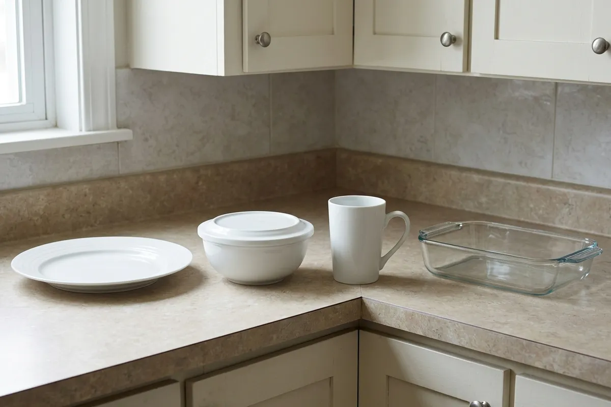 Dinner plate, covered bowl, tall mug and handled glass casserole dish arranged separately on a kitchen counter.