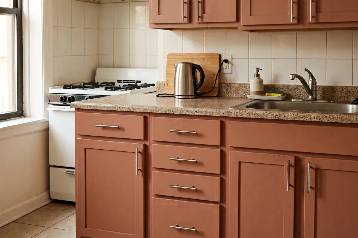 Small kitchen cabinets with plain fronts in an existing layout