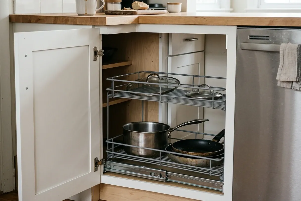 Open base cabinet in a small kitchen with a pull-out organizer holding cookware.
