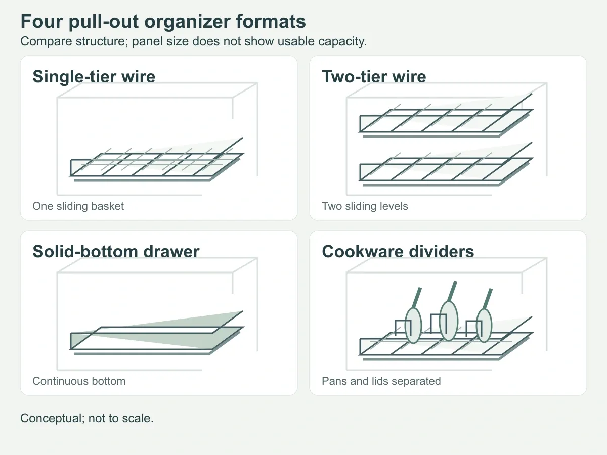 Single-tier wire, two-tier wire, solid-bottom drawer, and cookware-divider pull-out organizer formats.