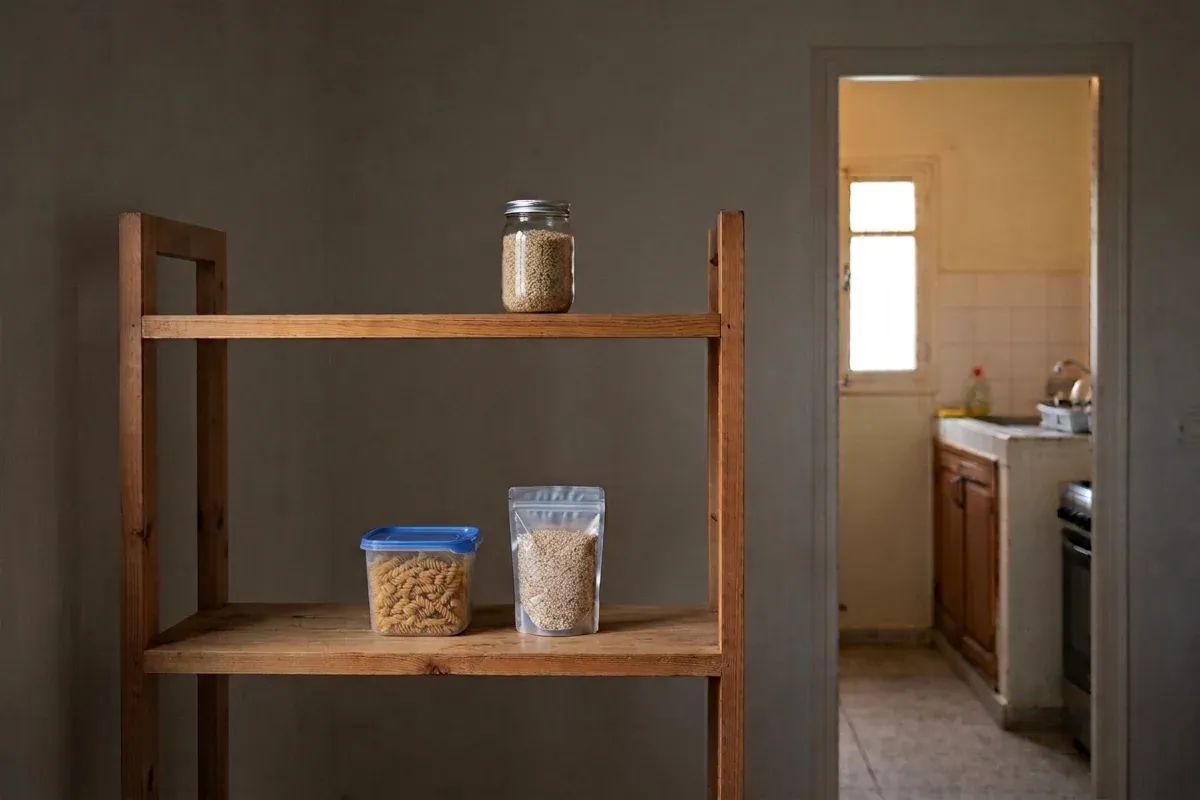 Reserve dry food stored in containers on a separate household shelf