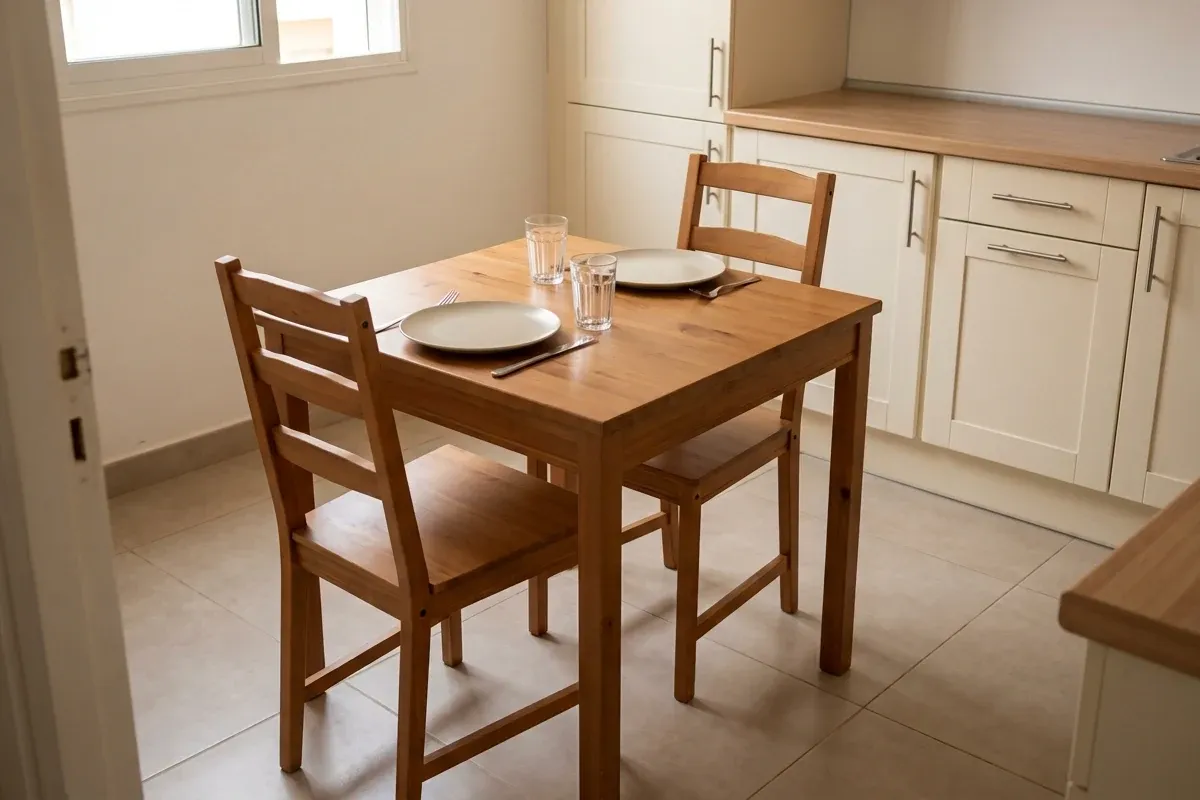 A small kitchen table set for two beside the surrounding cabinets and worktop
