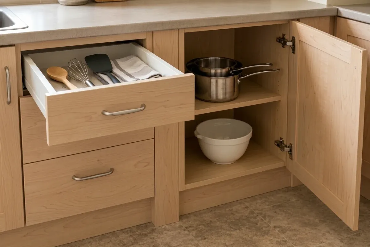 Simple compact-kitchen cabinets with a drawer and door open to show different storage jobs