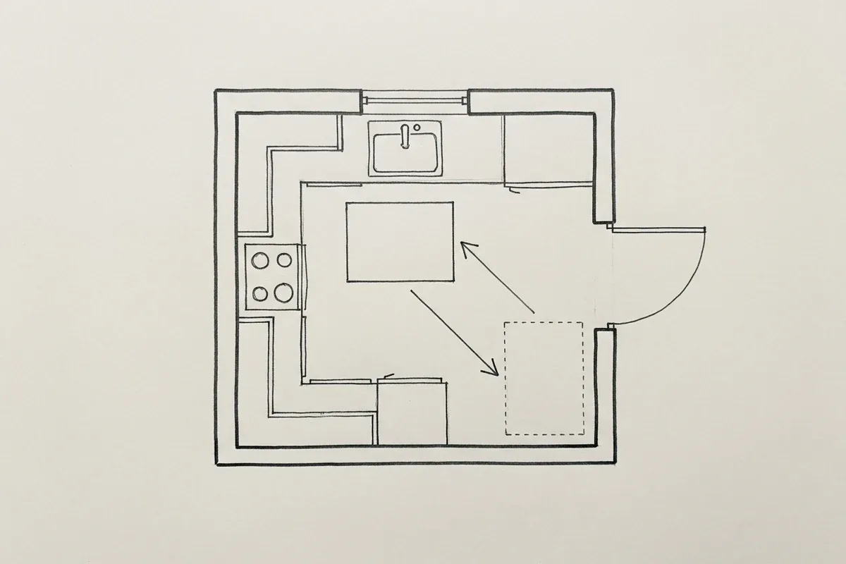 Hand-drawn kitchen plan marking cabinets, door swings, and two positions for a movable table