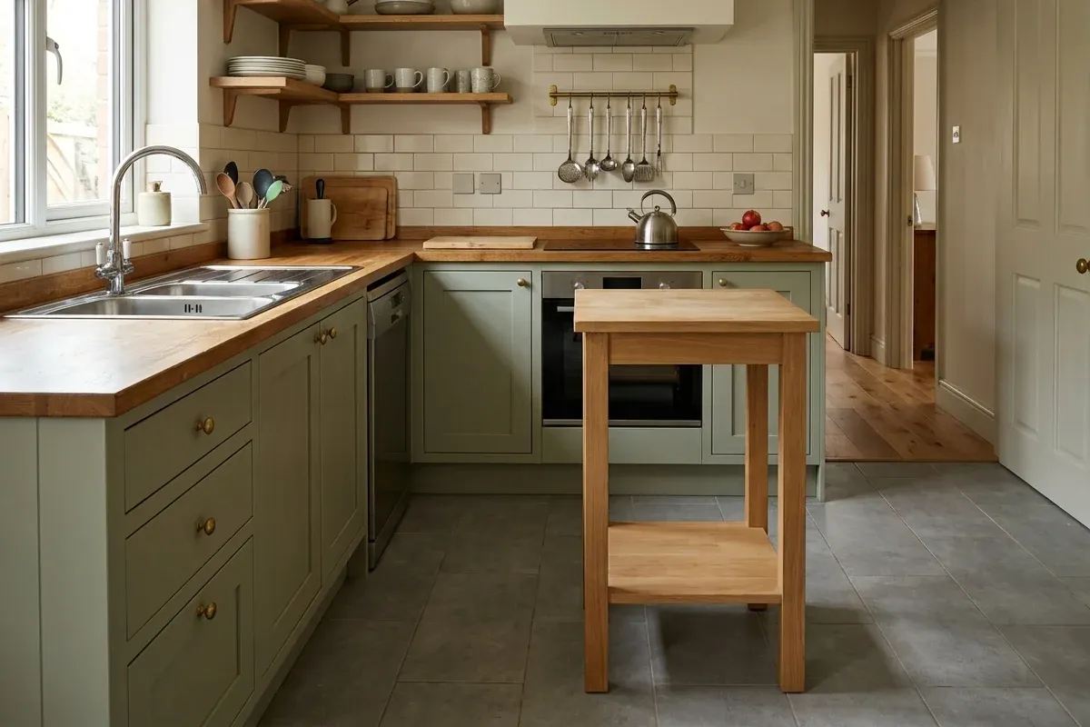 Small movable work table among cabinets and a doorway in a compact kitchen