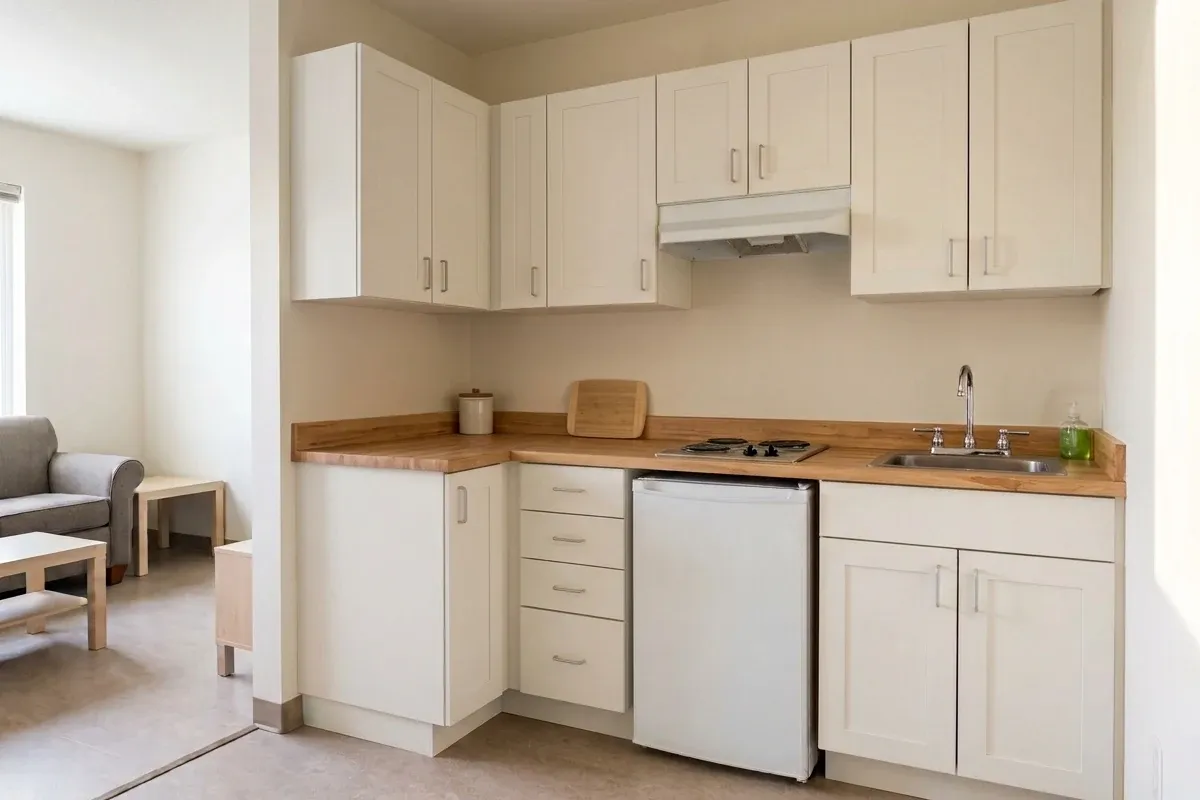 A compact L-shaped kitchen with a visible open route and modest cabinets
