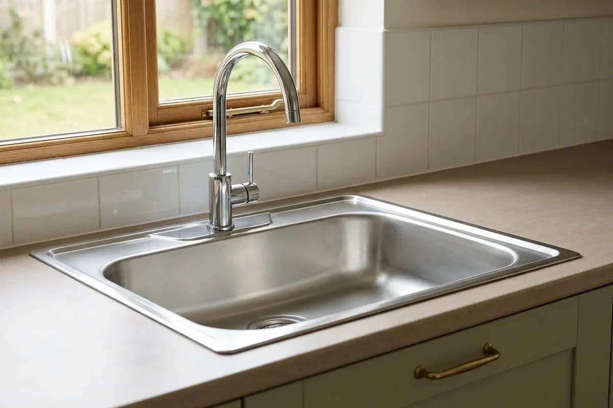 A modest single-bowl sink and simple faucet in a compact kitchen