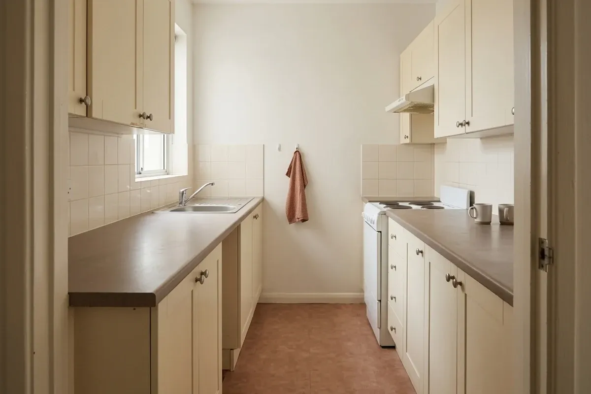 A lived-in compact galley kitchen with one clear preparation area and ordinary storage