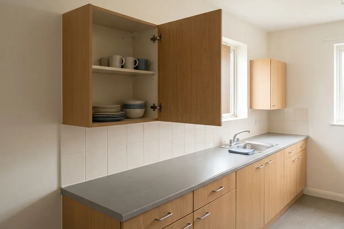 A compact kitchen with everyday dishes in reachable cabinets and a mostly clear counter