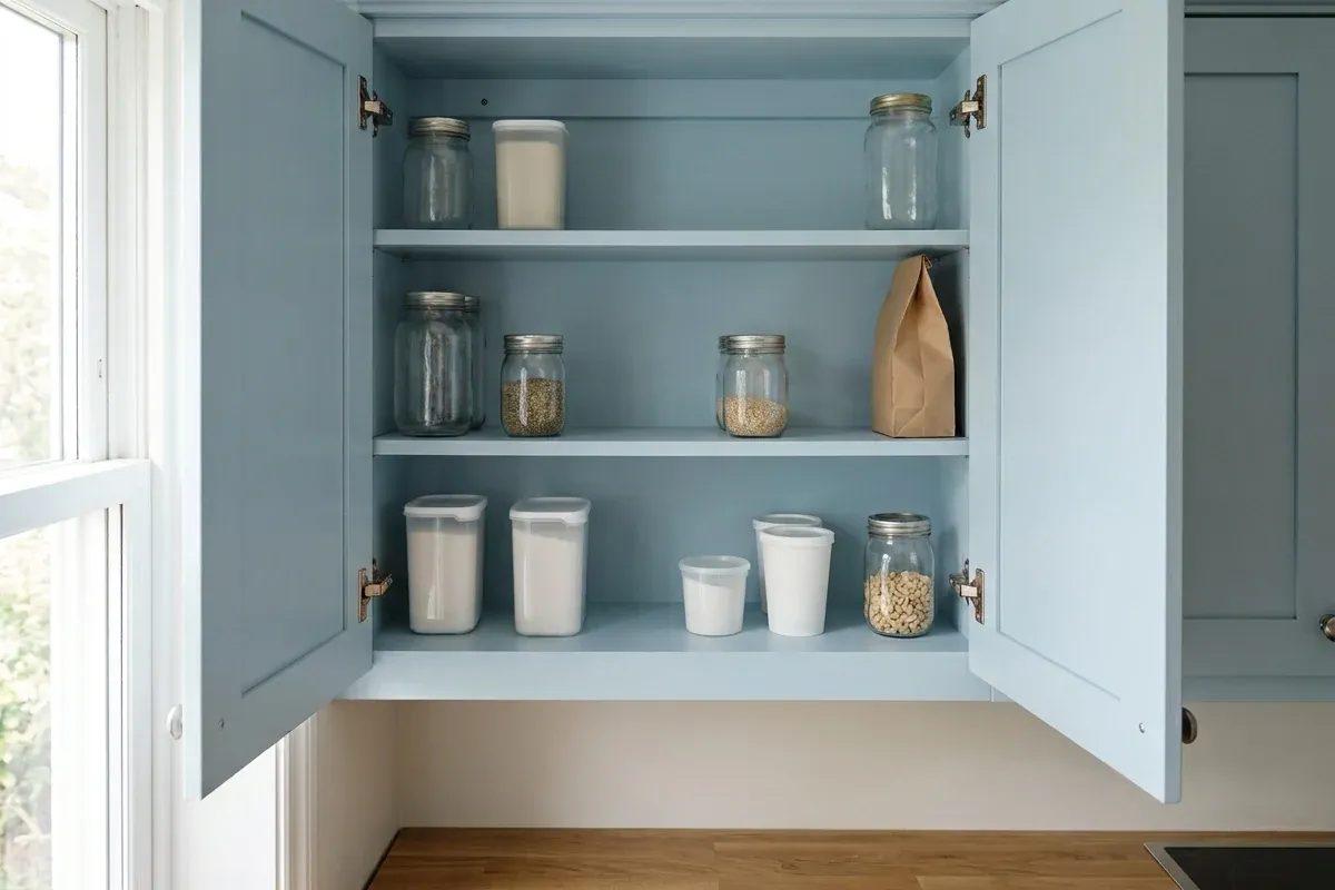 Everyday dry-food supply in one cupboard above a tiny kitchen worktop