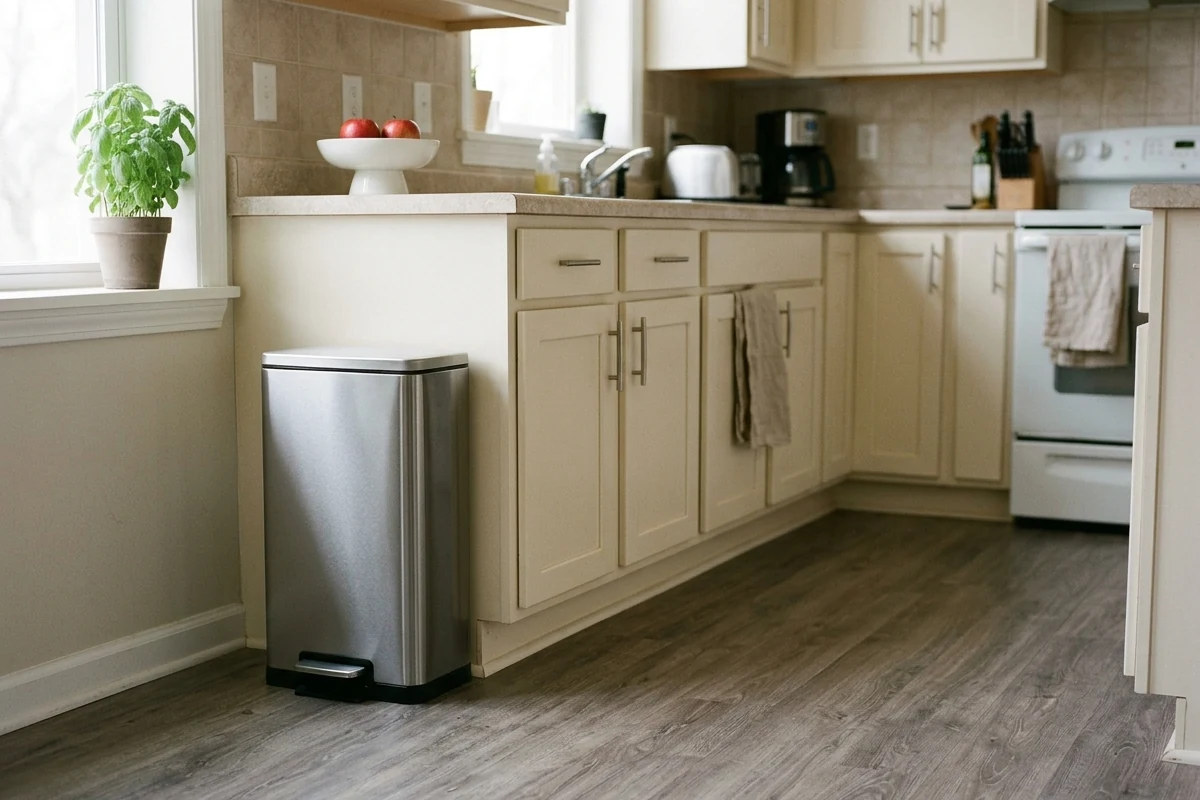 A slim stainless-steel trash can beside cream cabinets in a small kitchen.
