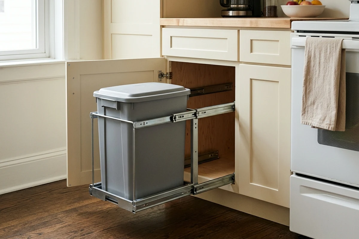 An open kitchen cabinet with a gray trash bin extended on a pull-out frame.