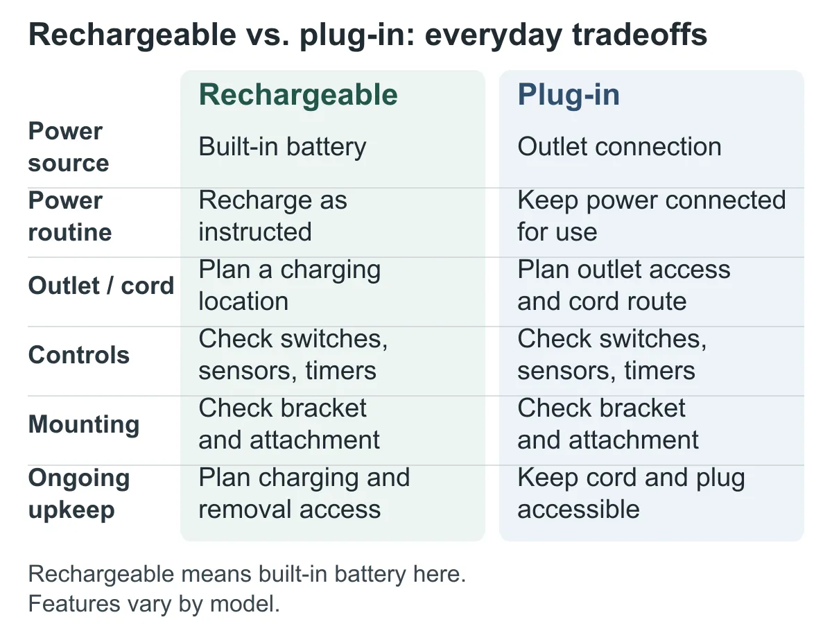 Rechargeable and plug-in lighting compared by power source, power routine, outlet and cord needs, controls, mounting, and upkeep.