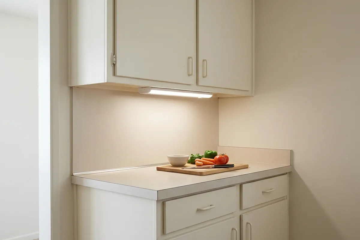 An under-cabinet light bar illuminates a small preparation counter in a modest apartment kitchen.